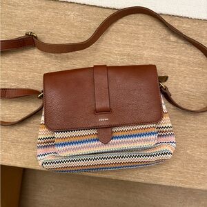 Fossil Crossbody Bag Brown Leather & Woven Pattern Boho Small Shoulder Bag